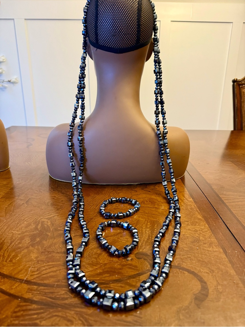 Handmade Hematite Bead Necklace and Bracelet Set - Black Metallic
